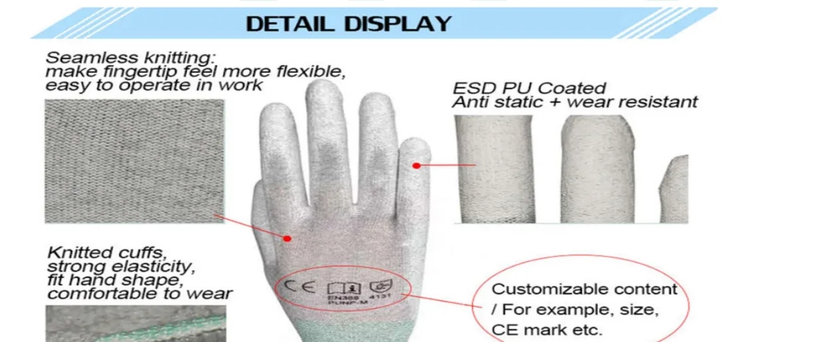 Găng tay phòng sạch sợi carbon không phủ PU (Antistatic ESD Palm Fit Gloves) thumbnail 3